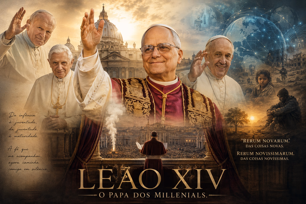Ilustração de Leão XIV destacando seu pontificado, o legado dos papas anteriores e os desafios da Igreja Católica no século XXI.