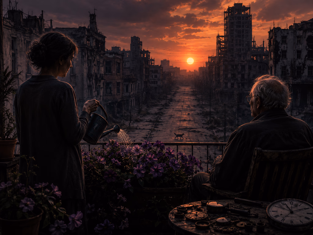 Ilustração de uma cidade destruída ao pôr do sol, onde duas pessoas cuidam de flores, simbolizando esperança, resiliência e reconstrução em tempos difíceis.