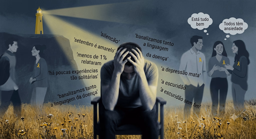 Ilustração sobre Setembro Amarelo representando a solidão, a depressão, a ansiedade e a importância da conscientização sobre saúde mental e prevenção ao suicídio.