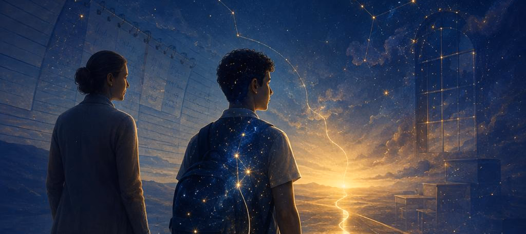 Ilustração de estudantes caminhando em direção a uma escola iluminada, sob um céu estrelado, representando a ideia de que existir também é aprender e ser ensinado.