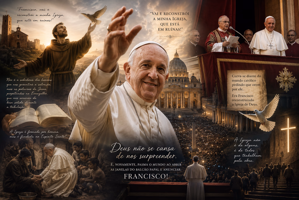 Ilustração inspirada em São Francisco de Assis e Papa Francisco, destacando a missão de reconstruir a Igreja Católica, a fé, a esperança e o serviço aos mais necessitados.